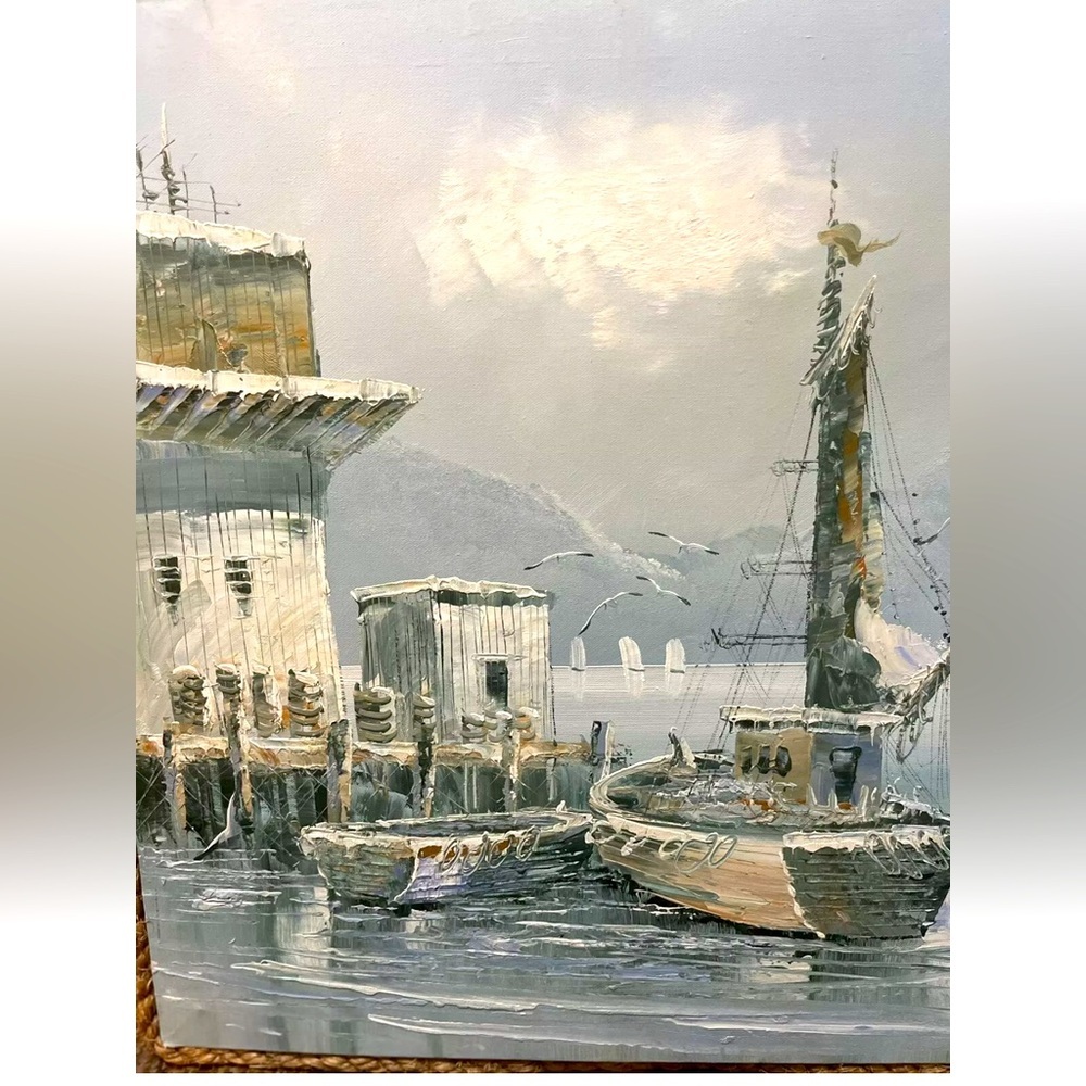 vintage oil painting On Canvas Rope Frame “ Boats In the Dock” 20”X25”picture